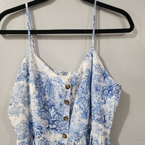 H&M White and Blue Floral Midi Sleeveless Dress Linen Blend Size 14